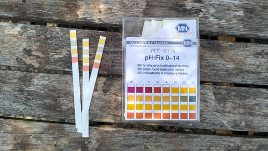 pH‑Wert‑Streifen liegen auf Holz und zeigen unterschiedliche Messbereiche der farbigen Teststreifen, die den grundlegenden Einfluss des pH‑Werts beim Gärtnern verdeutlichen. Die Szene wirkt sachlich, klar und praxisnah. Fotografiert für Benjis Seeds.